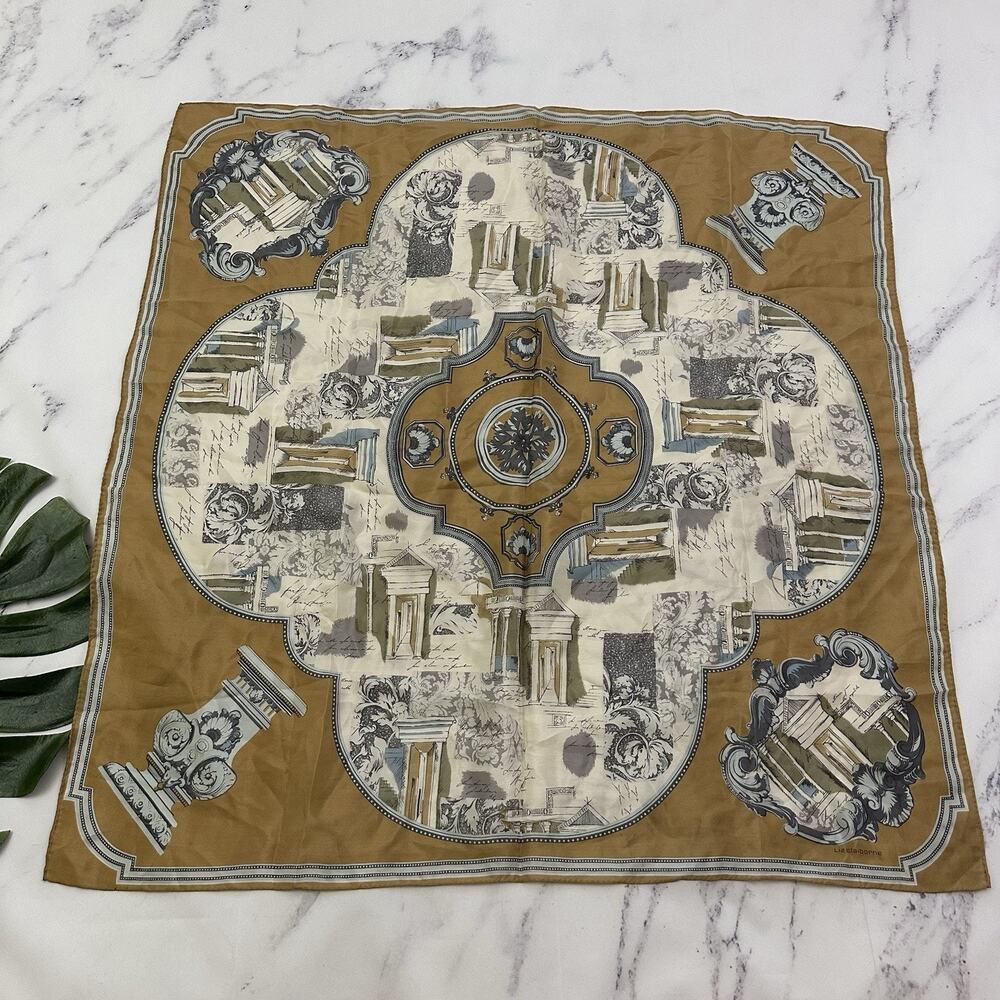 Liz Claibrone Womens Vintage 90s Silk Square Scarf Tan Blue Classical Floral